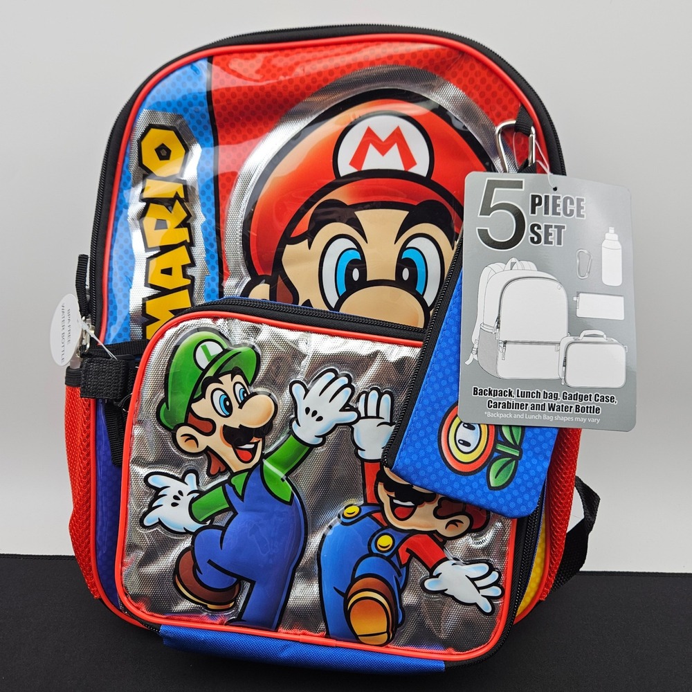Nintendo Super Mario‎ Bros Kids 5 Piece Backpack Set Mario Luigi Lunch Bag New